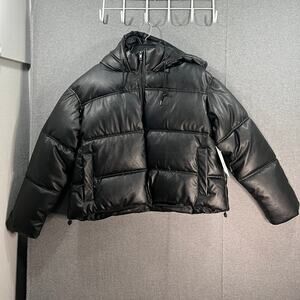 Maralyn & Me Hooded Puffer Jacket Faux leather Black Full Zip Size XXL